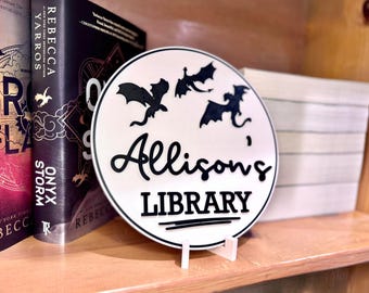 Personalized Library Sign- Fantasy bookish Decor, Custom Name Sign, Home Library Plaque, Book Lover Gift, Reading Nook Decor, Dragon Sign