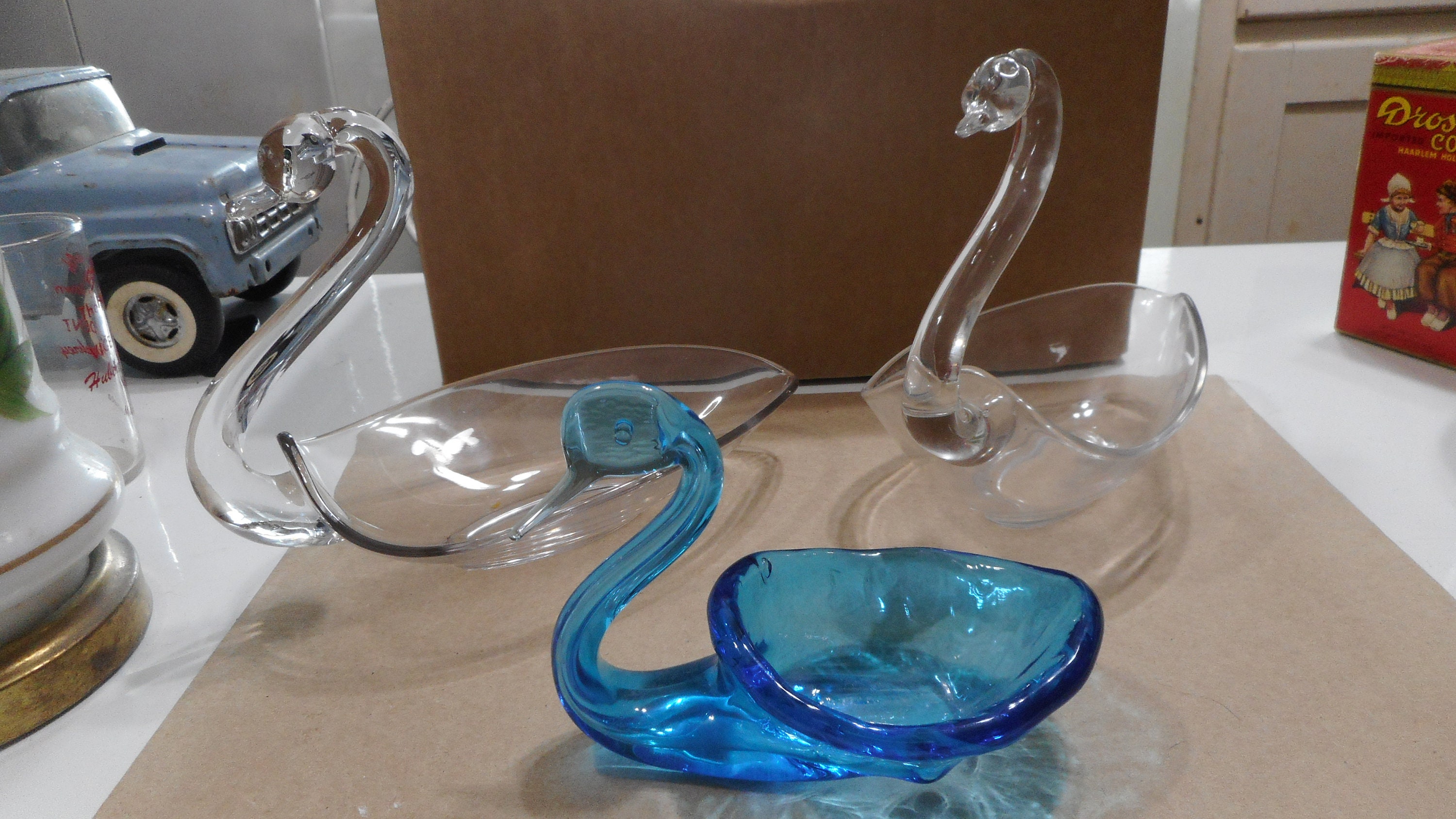 Glass Swan Figurines, Swan Candy Dish, Vintage Glass Swans, Set