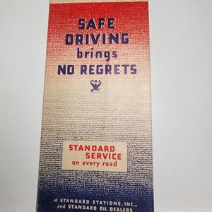 May include: Vintage New Mexico road map with red and blue text. The map includes the phrases "SAFE DRIVING brings NO REGRETS" and "STANDARD SERVICE on every road". The map is from Standard Stations, Inc., and Standard Oil Dealers.