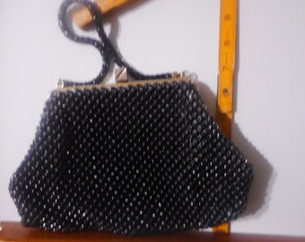 Vintage beaded cloth purse, black decorative purse, black beaded purse