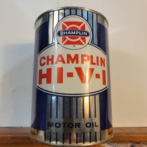 Vintage Champlin HI V I motor detergent tin, Champlin tin, Champlin oil tin, old oil can, vintage tins, old vintage tins, FREE SHIPPING