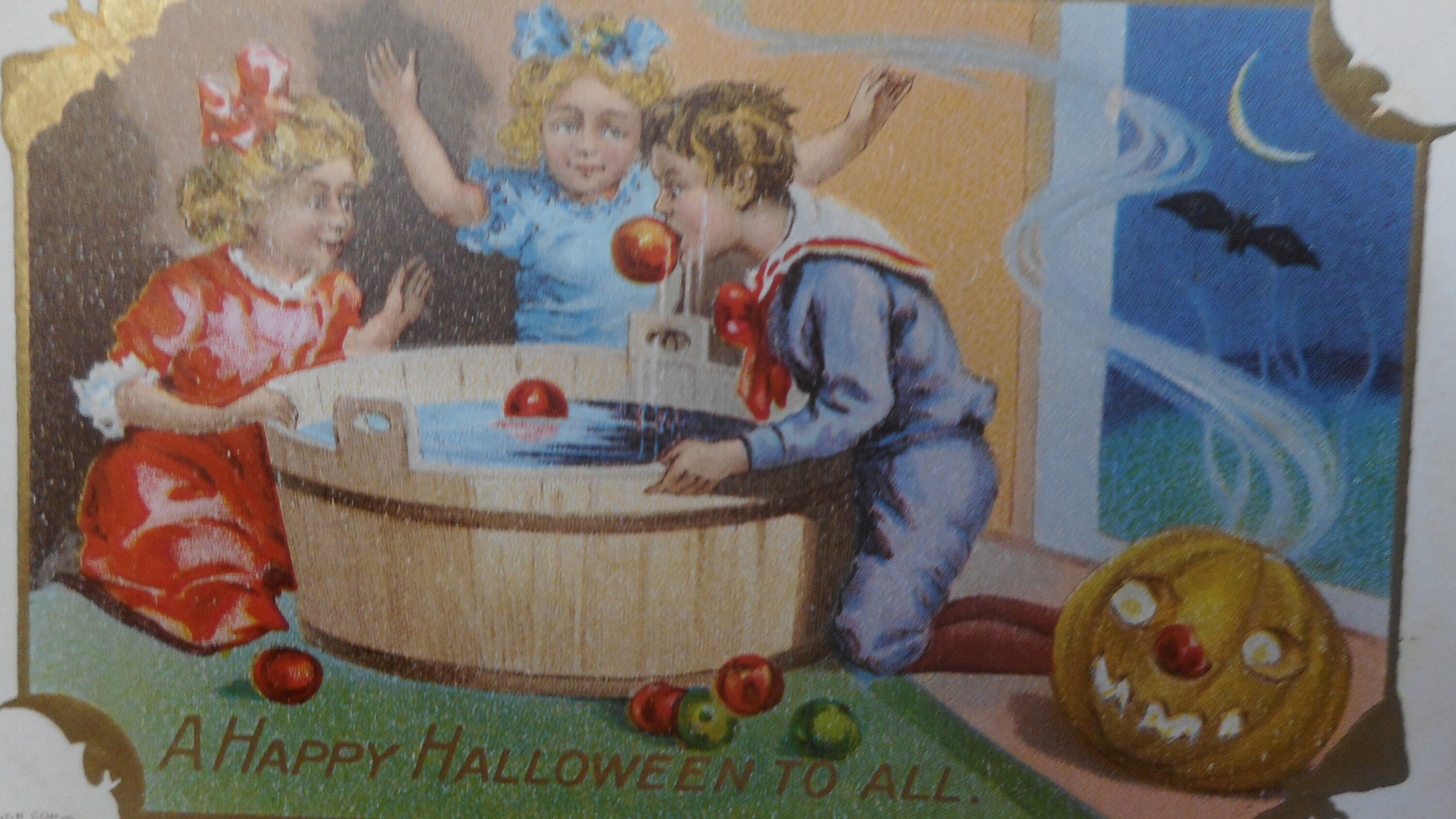 Bobbing for apples halloween vintage postcard old halloween etsy