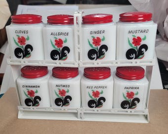Vintage floral Tipp City spice set, Range spice set, vintage kitchen spice rack, glass spice containers, set Tipp City spices FREE SHIPPING