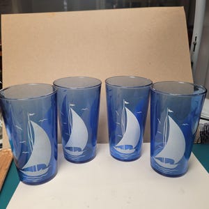 Hazel Atlas Blue sailboat drinking glasses, vintage hazel atlas cobalt blue sailboat glasses, Hazel Atlas depression glass, Free Shipping