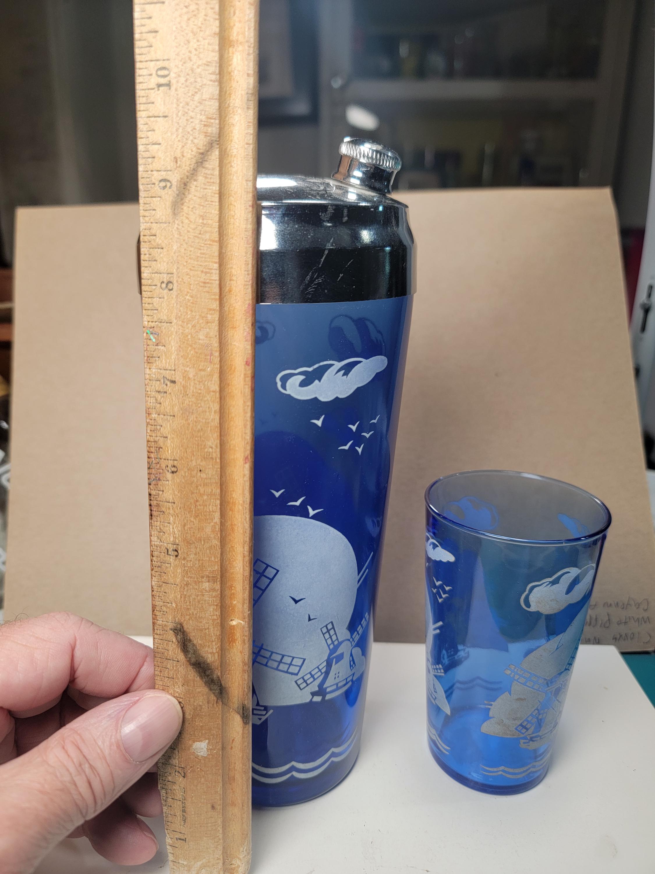 Hazel Atlas Blue Dutch Windmill Cocktail Shaker, Vintage Hazel