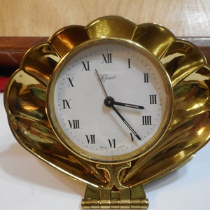 Vintage Helveco clock, swiss clock, clamshell clock, swiss travel clock, Helveco 8 day clock, sea shell clock, fold up swiss travel clock