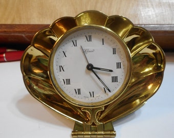 Vintage Helveco clock, swiss clock, clamshell clock, swiss travel clock, Helveco 8 day clock, sea shell clock, fold up swiss travel clock