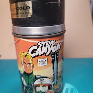 Steve Canyon thermos, space thermos,  Metal Steve Canyon thermos, Science fiction thermos, vintage childs school lunch,  Free Shipping