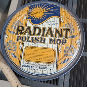 Radiant dust mop tin, Radiant tin, vintage mop tin, old mop tin, polish tin, vintage household tin, kitchen tin, old tin, free shipping