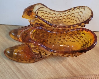 Vintage pair Fenton amber hobnail cat boot,  pattern glass, vintage glass Fenton slipper, Fenton glass shoes, old glass, Free Shipping
