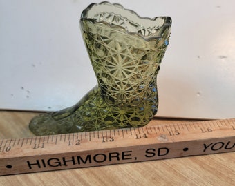 Vintage Fenton olive green pattern glass shoe, vintage glass Fenton slipper,  glass shoes, old collectible glass, Free Shipping