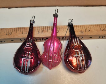Vintage figural glass ornaments. blown glass Christmas mlusical instrument ornaments, hand blown ornament, vintage holiday FREE SHIPPING