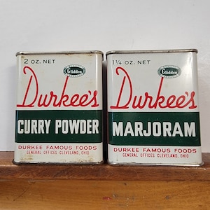 Vintage spice tin lot, Durkees Curry powder tin, Durkees Marjoram tin , vintage spice tin, vintage kitchen tin, Free Shipping