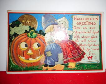Reserved. Dutch kids Halloween vintage postcards, old halloween postcards, vintage halloween postcards, jack o lantern postcards, black cat