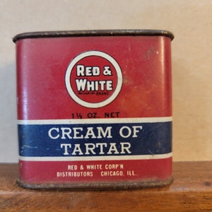 Red White store cream of tartar tin, vintage red white tin, vintage spice tin, old store tin, Free shipping