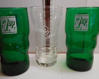 7up glass, vintage 7up glass, 7up fountain glass, old 7up fountain glass, green seven up glasses, 3 7up glasses,  FREE SHIPPING