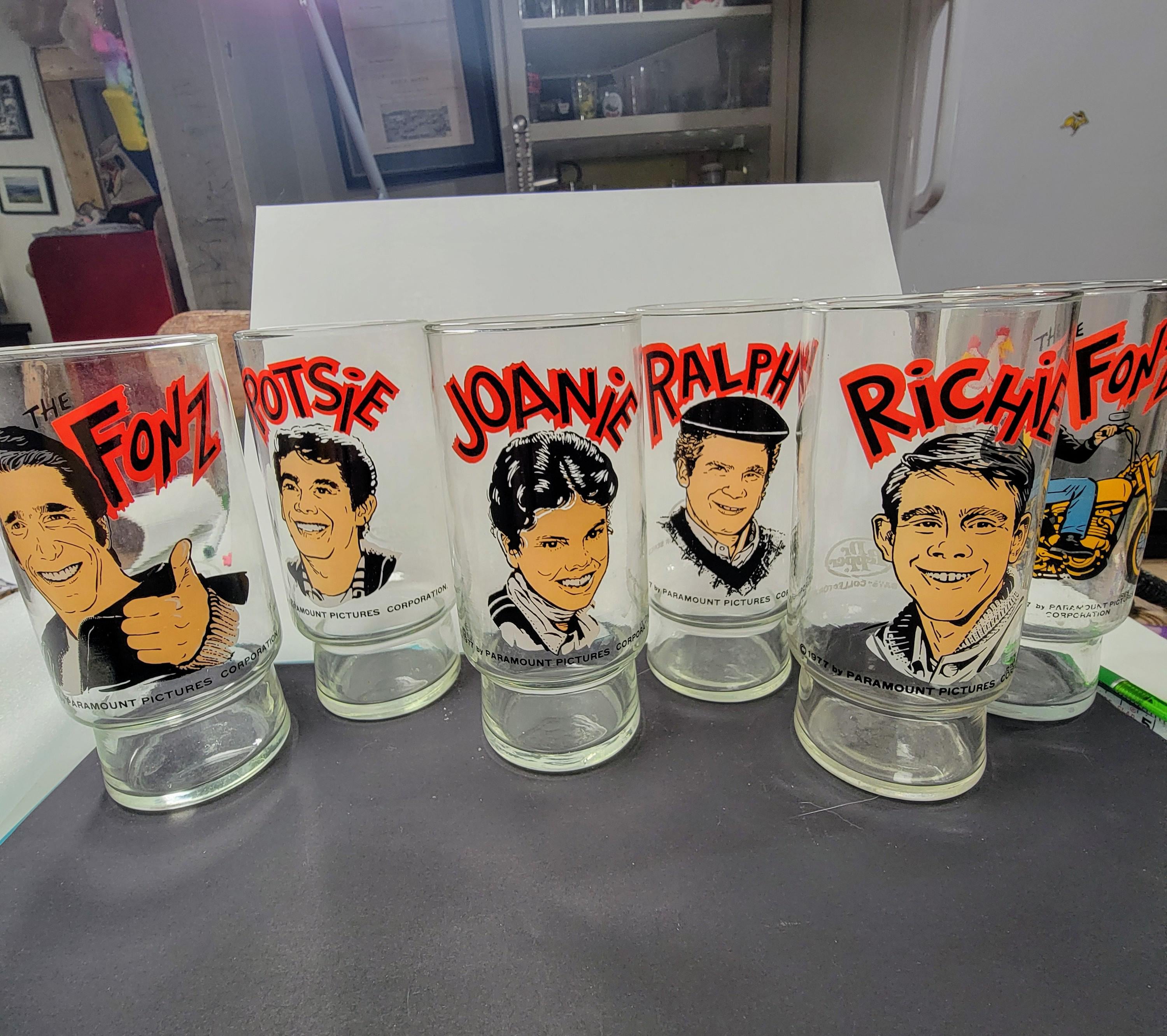 Happy Days Glass Set, Fonzie, Richie, Joanie, Dr. Pepper, Pizza
