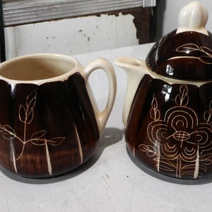 Vintage ceramic brown cream and sugar,  old creamer and sugar bowl, pottery cream and sugar