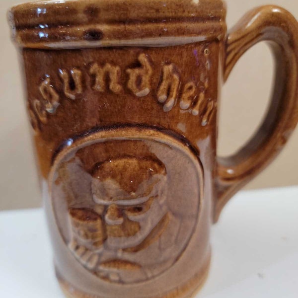 Breweriana, vintage Gesundheit ceramic mug, old stoneware mug, breweriana, vintage beer mug, vintage beer, old beer collectible, Free Shi