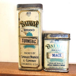 Batavia Turmeric spice tin, Batavia Mace   vintage spice tin, Sprague Warner company tin, old spice tins, vintage kitchen,  FREE SHIPPING