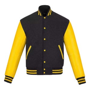 Black and Yellow Varsity Lettermen Jacket | Wool Body & Genuine Leather Sleeves | Custom College  Bomber for Men and Women | Best Gift