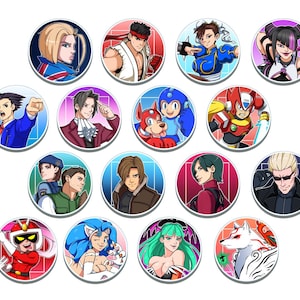 May include: A collection of round, colorful button pins featuring various anime and video game characters. Each pin showcases a different character in a vibrant, detailed illustration, set against a solid or gradient background. The pins are white-bordered and arranged in a grid.