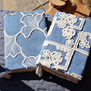 Handskriven tygjournal med ginkgoblad, A5 A6 broderad bokomslag för anteckningsbok eller bok, utbytbar anteckningsbok, pärmringar