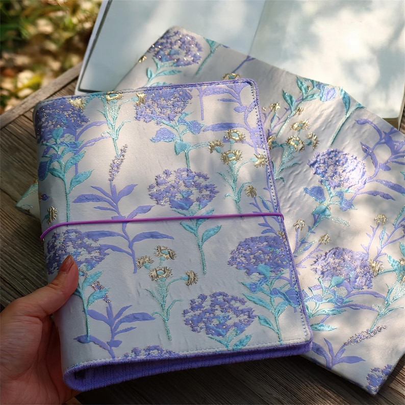 Threaded Journal Vintage Floral Embroidered Fabric Journal, A5 A6 Purple Hydrangea ...
