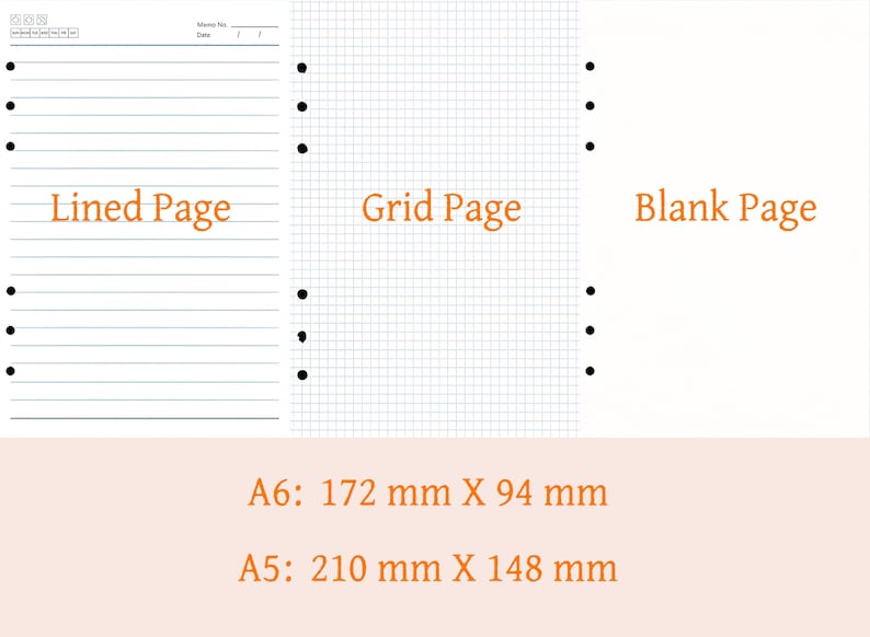 May include: A planner insert with three page styles: lined, grid, and blank. The lined page has horizontal lines, the grid page has a square pattern, and the blank page is plain. Sizes A6 (172 mm x 94 mm) and A5 (210 mm x 148 mm) are shown.