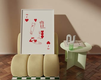 Red Seven of Hearts Cat Poster, Playing Card Print, Aesthetic Wall Art, Cute Cat Poster, Trendy Wall Art, Funky Print, Digital Download