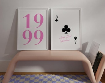 Set of 2 Lucky Girl Syndrome & Year Poster, Aesthetic Wall Art, Retro Playing Card Poster, Trendy Wall Art, Funky Print, Digital Download