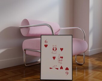 Red Six of Hearts Cat Poster, Playing Card Print, Aesthetic Wall Art, Cute Cat Poster, Trendy Wall Art, Funky Print, Digital Download