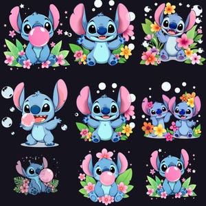 Stitch PNG, Lilo e Stitch PNG, clipart de ponto, Pacote de pontos, Camisa de pontos, PNG de bolhas e flores de ponto, Imagens de clipart,