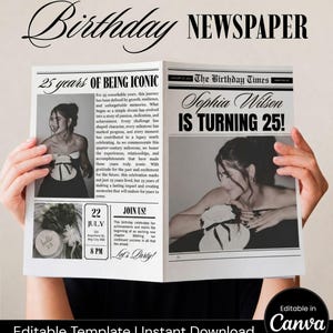 Printable Birthday Newspaper Edition, Editable Canva Layout, Modern Custom Party Announcement, Digital Newspaper Gift Template