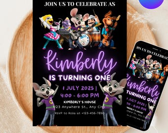 Edytowalny szablon zaproszenia urodzinowego Chuck E Cheese | Chuck Evite, drukowane zaproszenie na imprezę Chuck Cheese, edytowalne w Canva, natychmiastowe pobranie