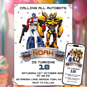 Könnte beinhalten: Eine Geburtstagseinladung mit Optimus Prime und Bumblebee von Transformers. Die Einladung enthält den Namen "Noah", das Alter 10, Datum, Uhrzeit und Ort. Ein Smartphone zeigt das gleiche Design.