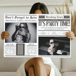 May include: A black and white newspaper-style birthday party invitation featuring the headline Don't Forget to Join and Breaking News It's Party Time. The layout includes two black and white photographs of a person wearing sunglasses and text.