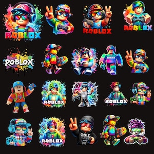 Peut inclure: Une collection d'autocollants colorés de personnages Roblox sur fond noir. Chaque autocollant présente un avatar Roblox avec un casque, des lunettes de soleil et des manettes de jeu. Le mot "ROBLOX" est affiché dans différents designs.