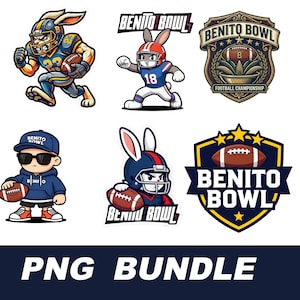May include: A collection of cartoon-style logos featuring rabbits in football gear. The logos include the text "Benito Bowl" and a football. The bottom of the image has the text "PNG BUNDLE" in white.