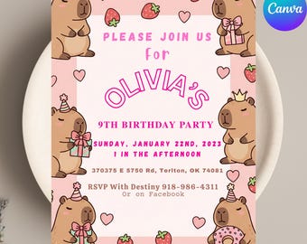 EDITABLE Capybara invitation , Capybara Birthday , Capy Birthday, Kawaii Capybara, Capybara Party Invite, Digital Template, Capybara Cute