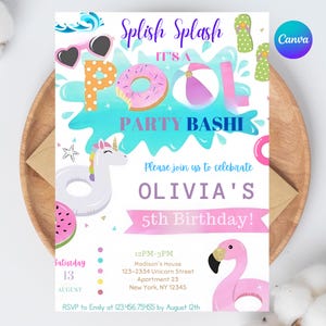 Editable Splish Splash Birthday Invitation, Girl Pool Party Invitation, Summer Birthday Party Invite, Pool Party Invites, Canva Template