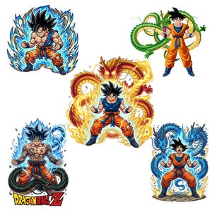 Puede incluir: Cinco ilustraciones coloridas de un personaje de Dragon Ball Z. El personaje viste un atuendo naranja y azul, rodeado de efectos de energía y dragones. El logotipo de Dragon Ball Z es visible en una ilustración.