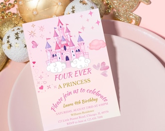 May include: Pink and gold princess-themed birthday invitation with a cartoon castle, stars, and hearts. The text reads "Four Ever a Princess. Please join us to celebrate Laura's 4th Birthday. Saturday, August 23rd at 4:00 PM. Williams Residence. 123 Little Peanut Road, Chicago, IL 60556. RSVP to Jane at 123.456.7890."