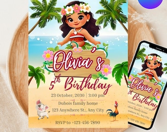 Vaiana födelsedagsinbjudan, digital redigerbar hawaiisk Vaiana födelsedagsinbjudan, barntemafestinbjudan, digital Vaiana strandmall