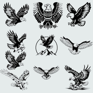 May include: Nine black and white illustrations of bald eagles in various poses. Some eagles are flying, some are perched, and one is holding a fish in its talons.
