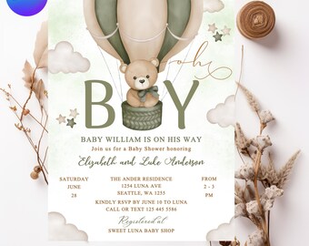 May include: Baby shower invitation with a hot air balloon design. The invitation features a teddy bear in a basket, the word "BOY", and event details. The text includes "Baby William is on his way" and "Editable Templates".