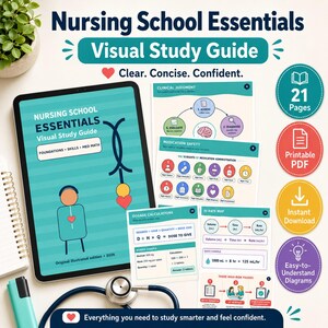 May include: A digital tablet displaying a Nursing School Essentials Visual Study Guide with pages showing clinical judgment, medication safety, dosage calculations, and IV rate maps. A stethoscope and a teal highlighter are placed nearby.