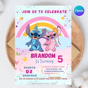 Stitch and Angel Birthday Invitation: Editable & Printable Template – Beautiful Invitation for Your Little One's Birthday, Editable in Canva