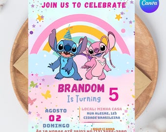 Stitch and Angel Birthday Invitation Card, Lilo and Stitch Birthday Invite, Birthday Girl Stitch Hawaiian Invitation, Kids Birthday Invite