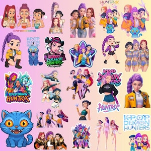 Peut inclure: Une collection d'autocollants colorés présentant des illustrations de style anime de personnages féminins aux cheveux violets, vêtus de tenues élégantes. Les autocollants incluent du texte tel que "K-POP DEMON HUNTERS" et "HUNTRIX". Un chat bleu de dessin animé est également présenté.